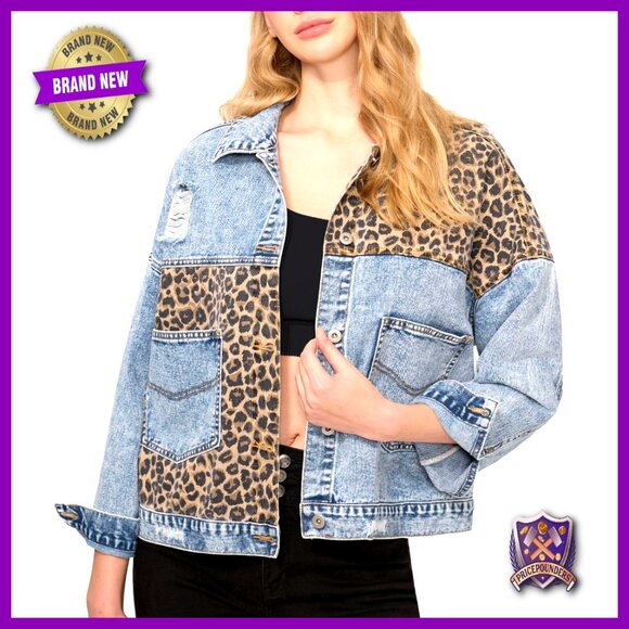 Leopard Print Denim Jacket Distressed Oversized Y2K Chic Button Front